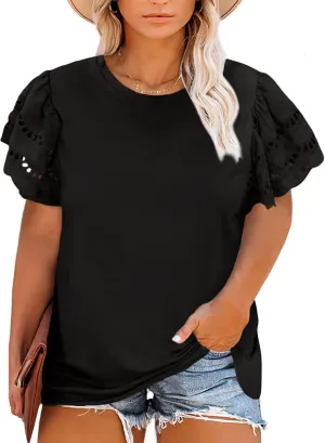 Eytino Womens Plus Size Tops Short Sleeve Round Neck Hollow Out Casual Loose Tunic Tees Shirts(1X-5X)
