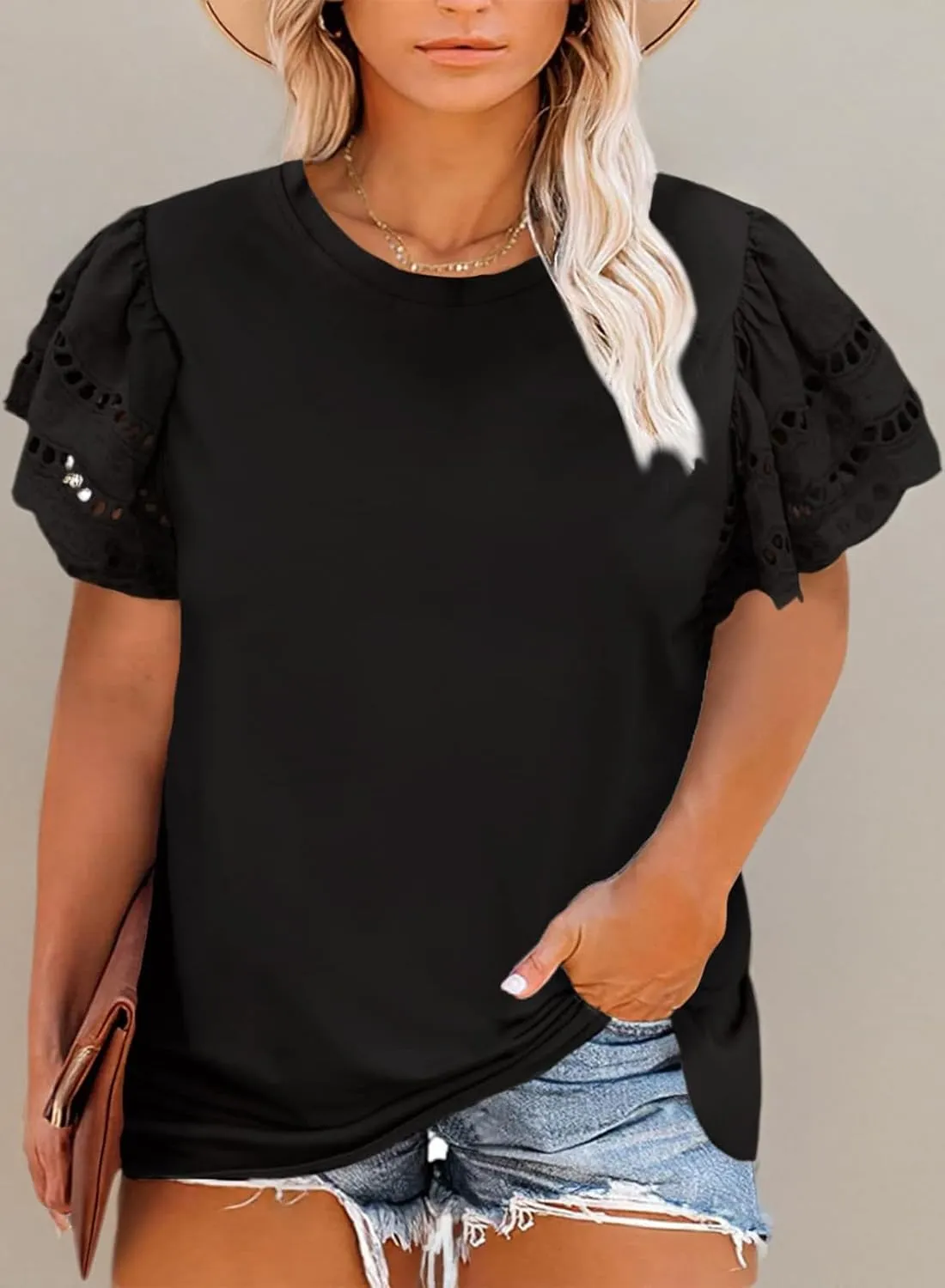 Eytino Womens Plus Size Tops Short Sleeve Round Neck Hollow Out Casual Loose Tunic Tees Shirts(1X-5X)