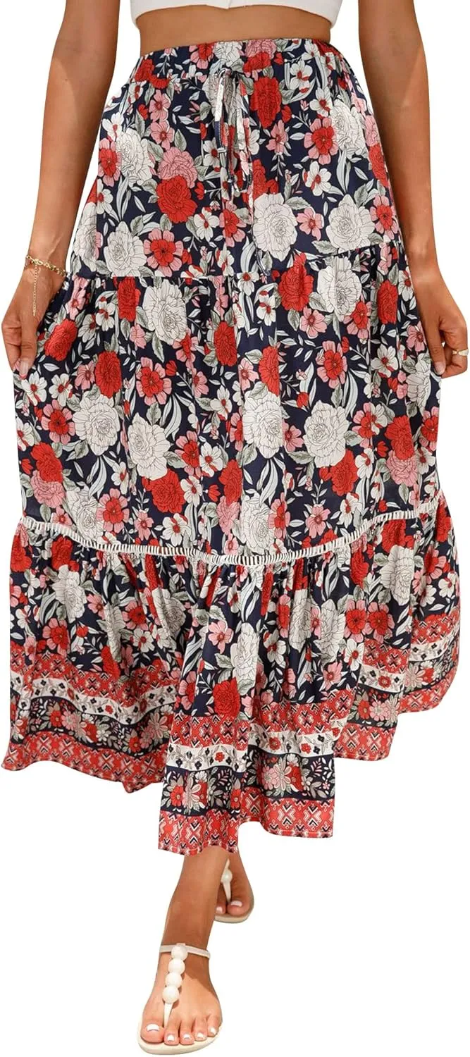 Ezcosplay Women Long Skirts Boho Floral Elastic High Waist Flowy Beach A Line Maxi Skirt