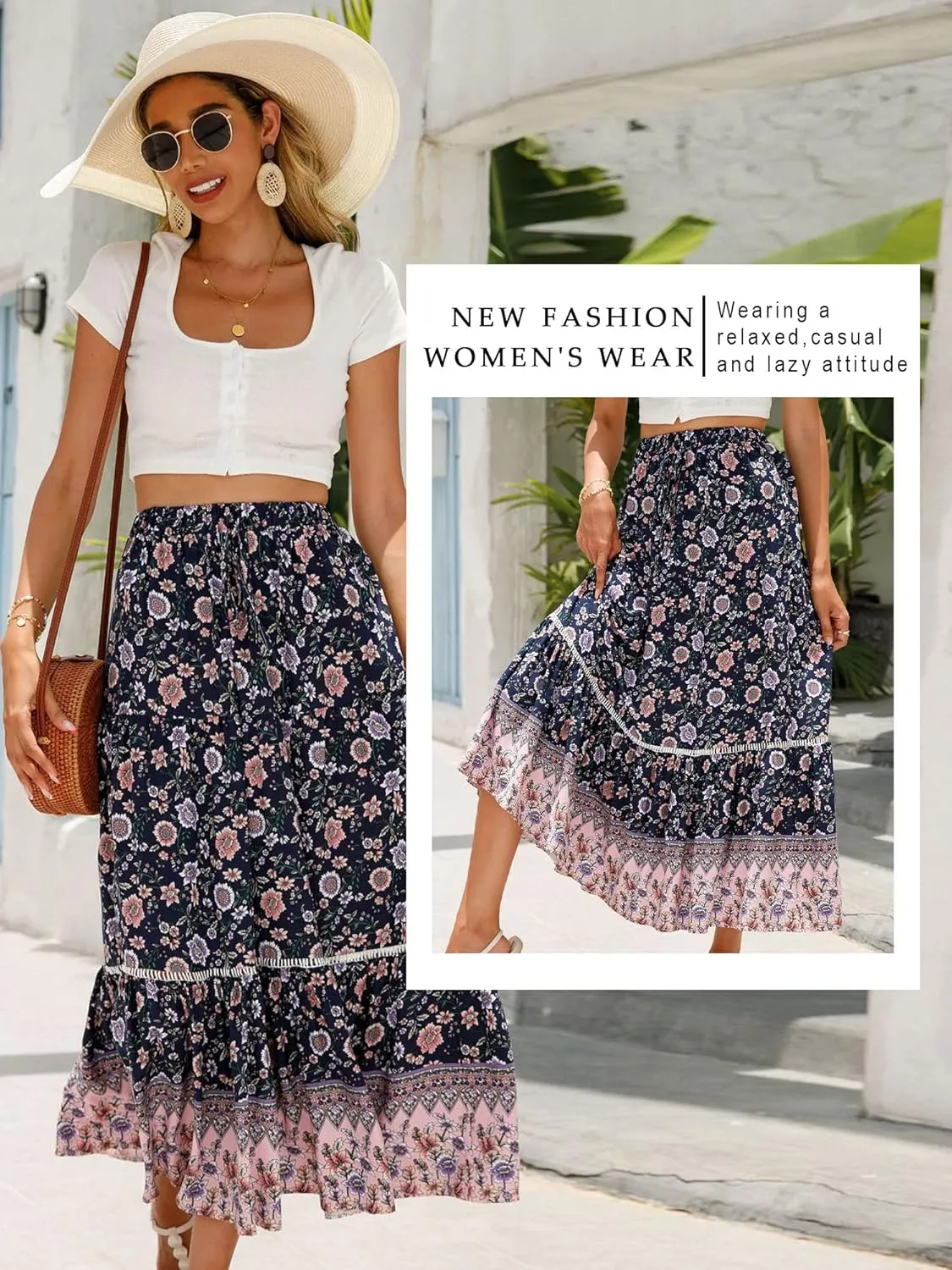 Ezcosplay Women Long Skirts Boho Floral Elastic High Waist Flowy Beach A Line Maxi Skirt
