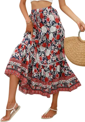 Ezcosplay Women Long Skirts Boho Floral Elastic High Waist Flowy Beach A Line Maxi Skirt