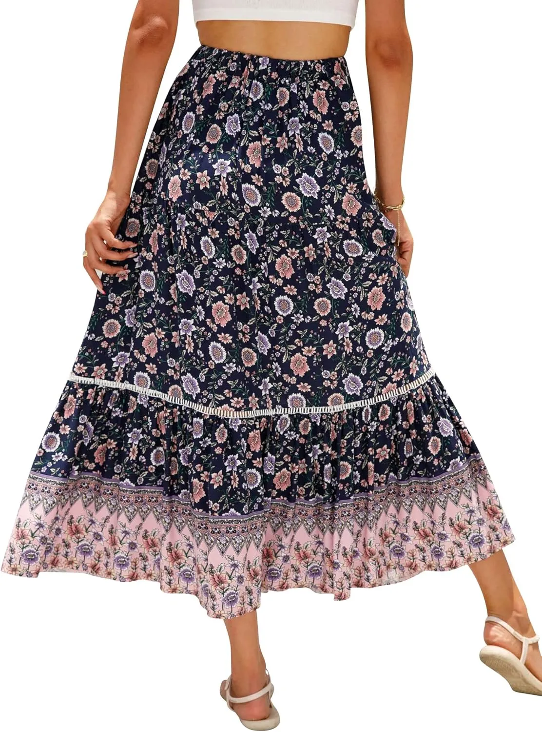 Ezcosplay Women Long Skirts Boho Floral Elastic High Waist Flowy Beach A Line Maxi Skirt