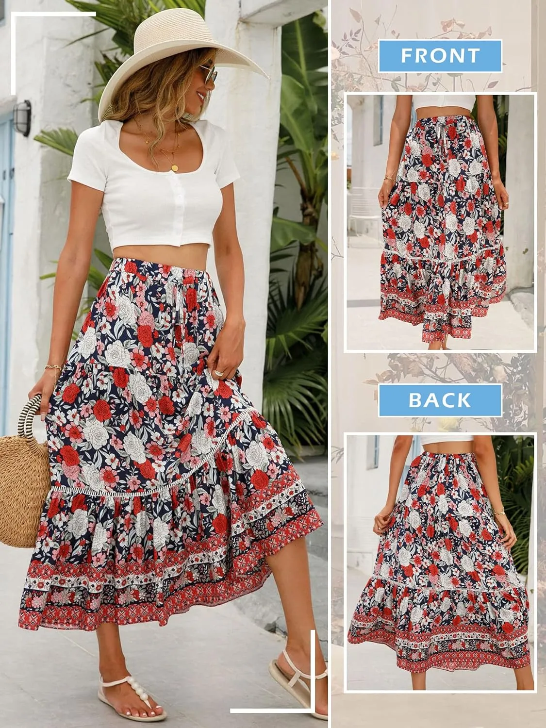 Ezcosplay Women Long Skirts Boho Floral Elastic High Waist Flowy Beach A Line Maxi Skirt