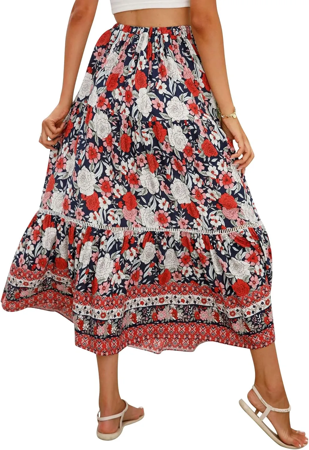 Ezcosplay Women Long Skirts Boho Floral Elastic High Waist Flowy Beach A Line Maxi Skirt