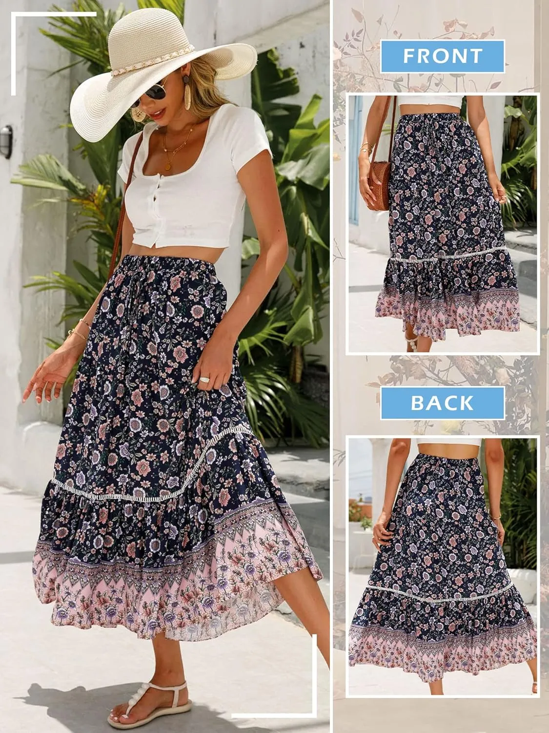 Ezcosplay Women Long Skirts Boho Floral Elastic High Waist Flowy Beach A Line Maxi Skirt