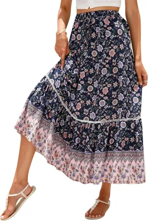 Ezcosplay Women Long Skirts Boho Floral Elastic High Waist Flowy Beach A Line Maxi Skirt