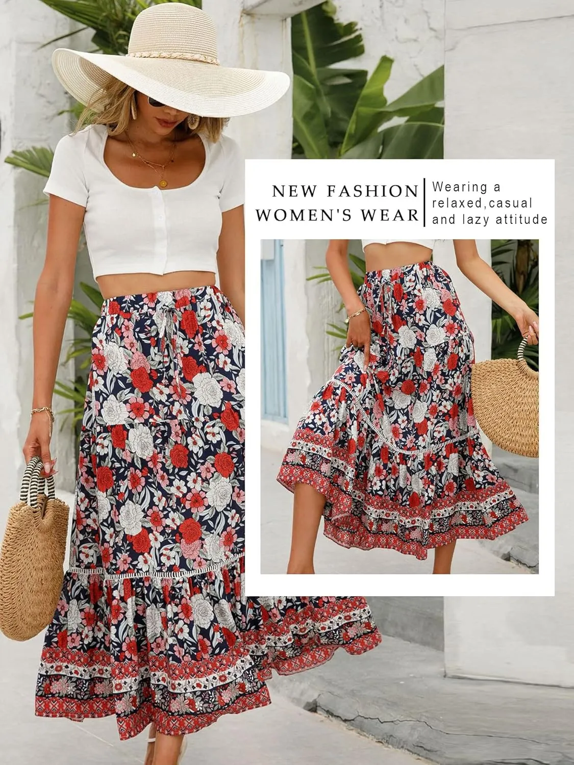 Ezcosplay Women Long Skirts Boho Floral Elastic High Waist Flowy Beach A Line Maxi Skirt