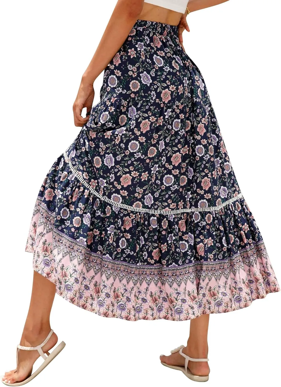 Ezcosplay Women Long Skirts Boho Floral Elastic High Waist Flowy Beach A Line Maxi Skirt