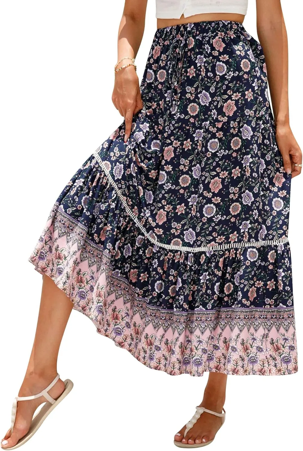 Ezcosplay Women Long Skirts Boho Floral Elastic High Waist Flowy Beach A Line Maxi Skirt
