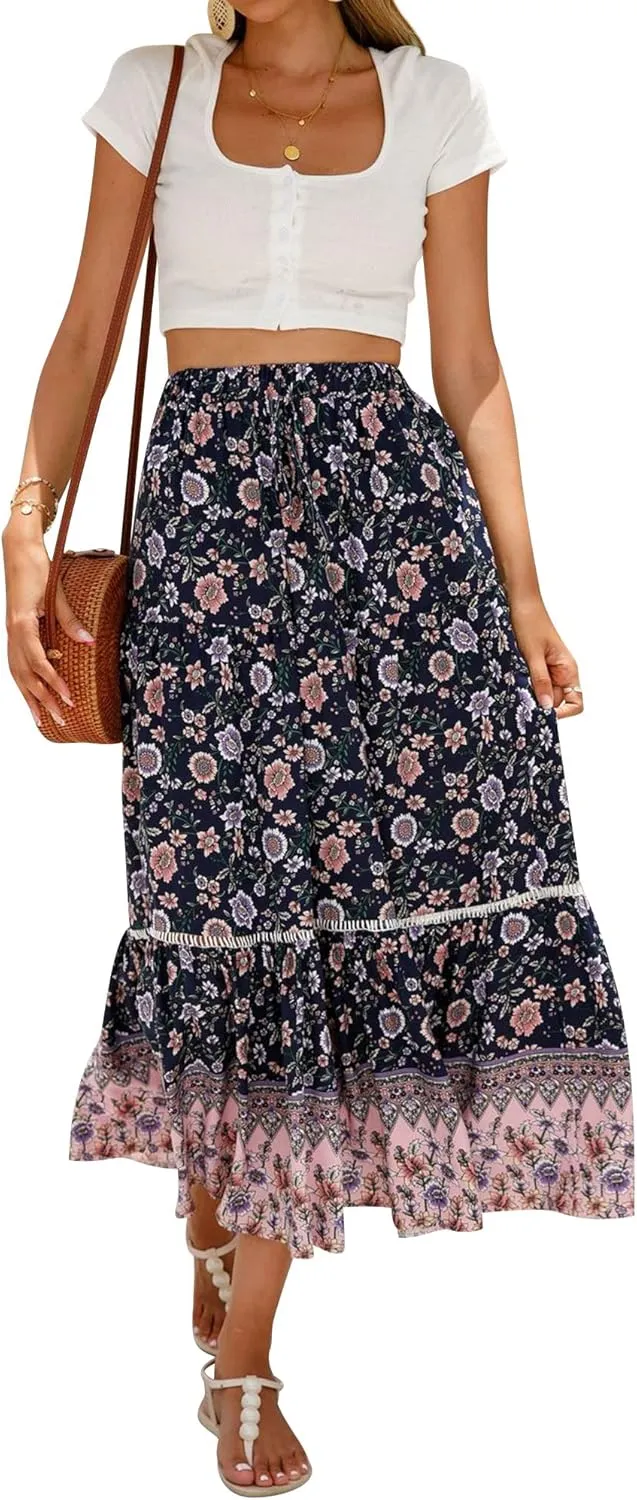 Ezcosplay Women Long Skirts Boho Floral Elastic High Waist Flowy Beach A Line Maxi Skirt