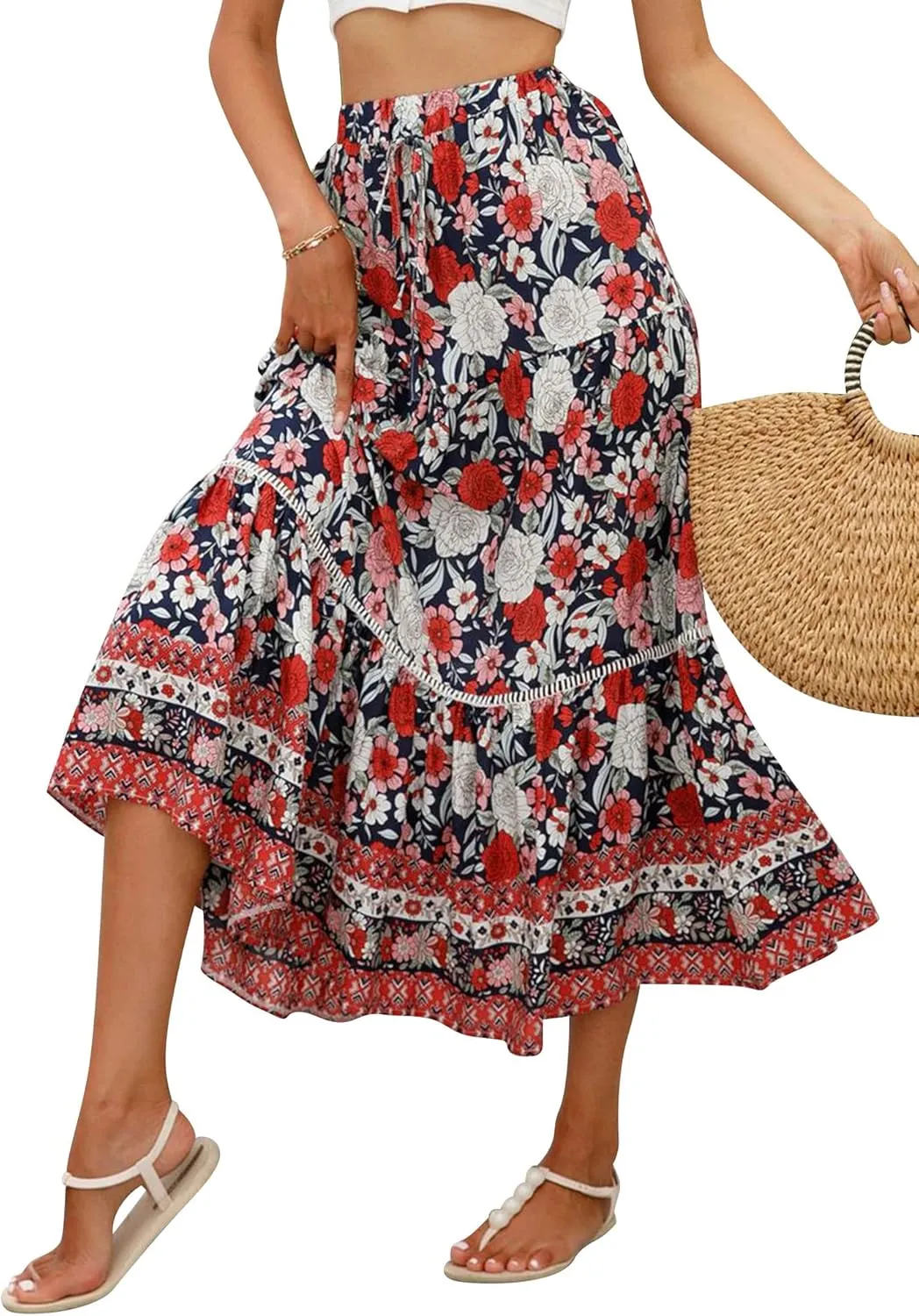 Ezcosplay Women Long Skirts Boho Floral Elastic High Waist Flowy Beach A Line Maxi Skirt