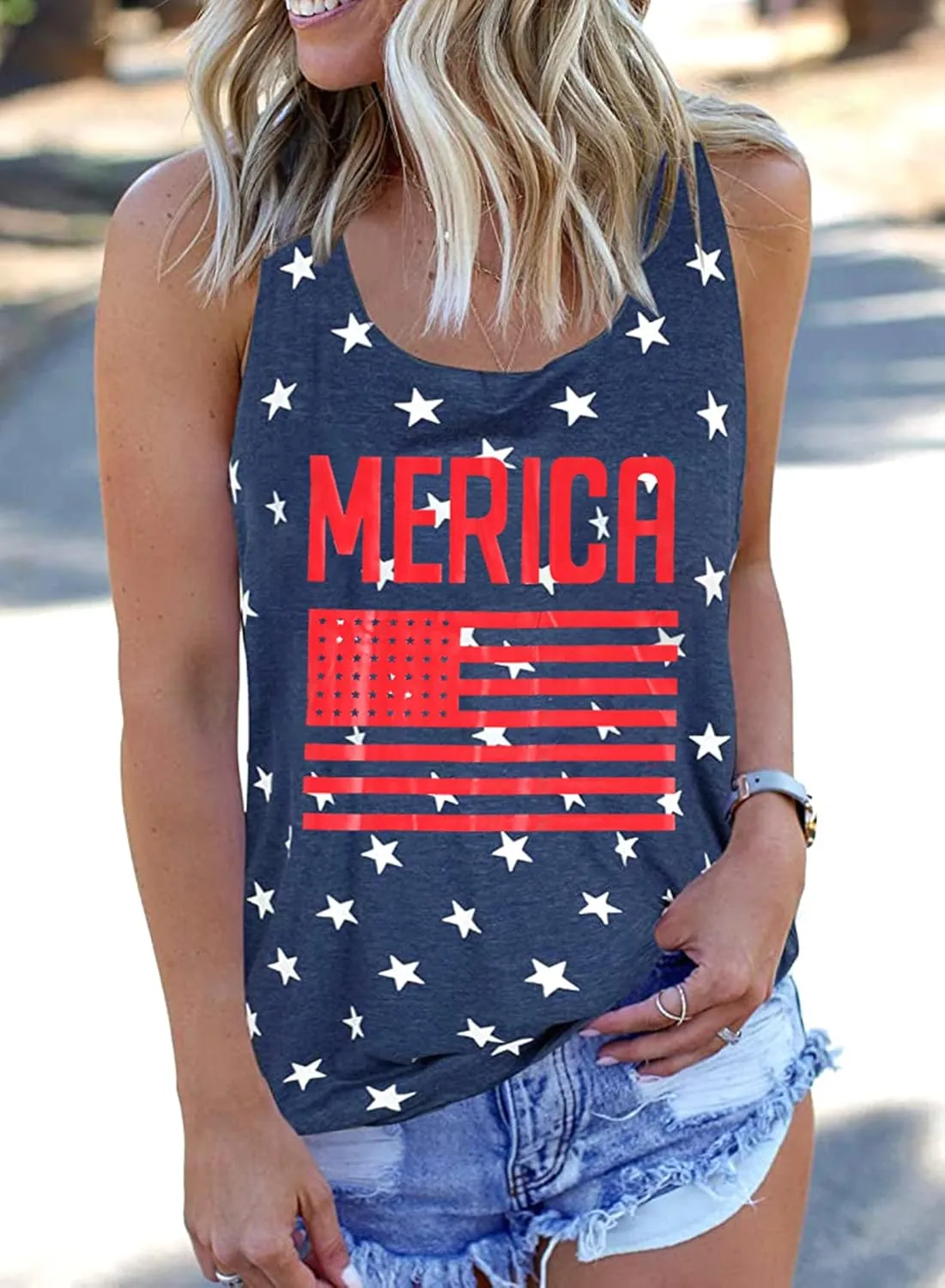 FAYALEQ American Flag Tank Tops Women USA Stars Stripes Sleeveless Vest 4th of July Patriotic Summer Tanks