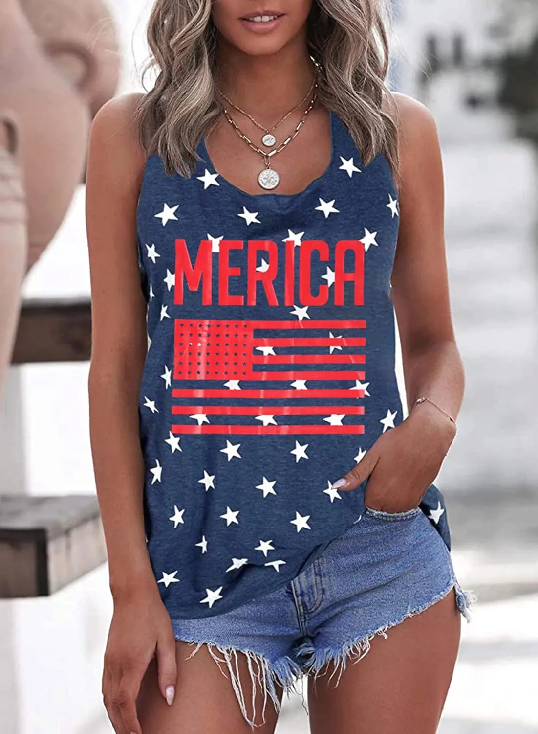 FAYALEQ American Flag Tank Tops Women USA Stars Stripes Sleeveless Vest 4th of July Patriotic Summer Tanks