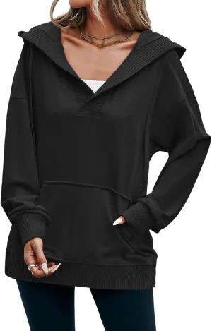 Fisoew Womens Casual Oversized Hoodies V Neck Long Sleeve Loose Pullovers Hooded Sweatshirts Tops Active Hoodie Black