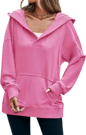 Fisoew Womens Casual Oversized Hoodies V Neck Long Sleeve Loose Pullovers Hooded Sweatshirts Tops Active Hoodie Pink