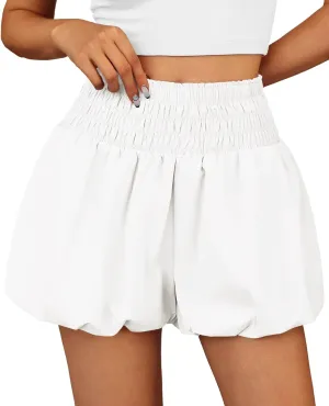Fisoew Womens High Waisted Bubble Shorts Smocked Elastic Going Out Cute Skorts with Pockets