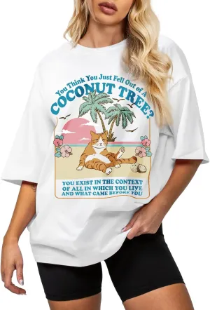 Flafens Oversized Tshirts for Women - Graphic T Shirt Loose Tees Crewneck Sleeve Top Cute Fashion Summer Pattern Print Tops