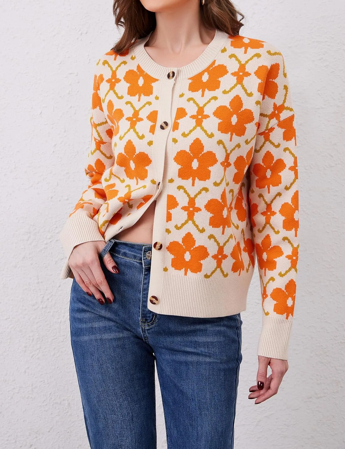 Floral Cardigan Sweaters for Women Lightweight Button Up Flower Printed Pattern Cardigans Fall Knit Sweater Tops