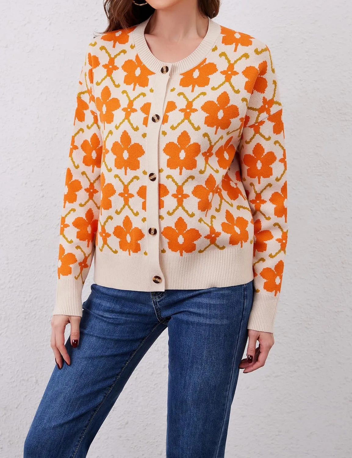Floral Cardigan Sweaters for Women Lightweight Button Up Flower Printed Pattern Cardigans Fall Knit Sweater Tops