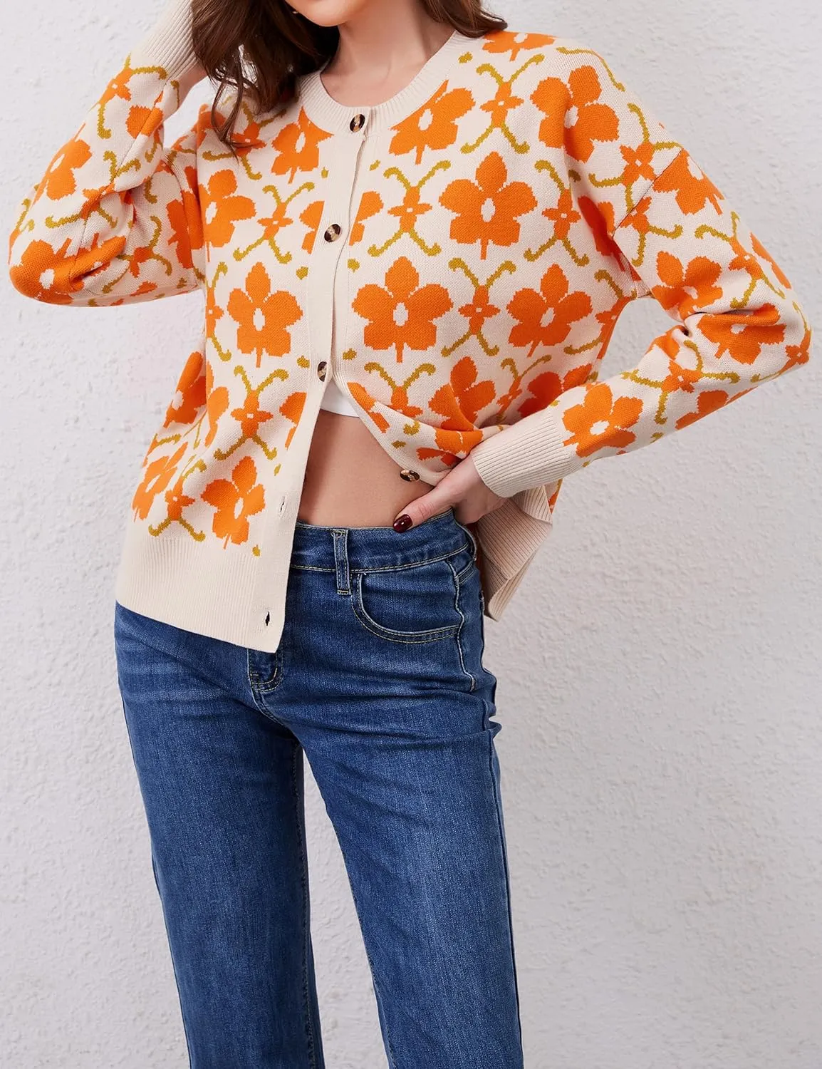 Floral Cardigan Sweaters for Women Lightweight Button Up Flower Printed Pattern Cardigans Fall Knit Sweater Tops