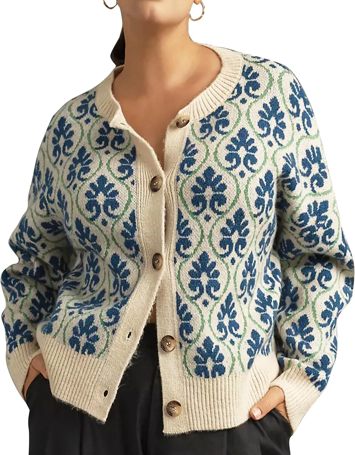 Floral Cardigan Sweaters for Women Lightweight Button Up Flower Printed Pattern Cardigans Fall Knit Sweater Tops