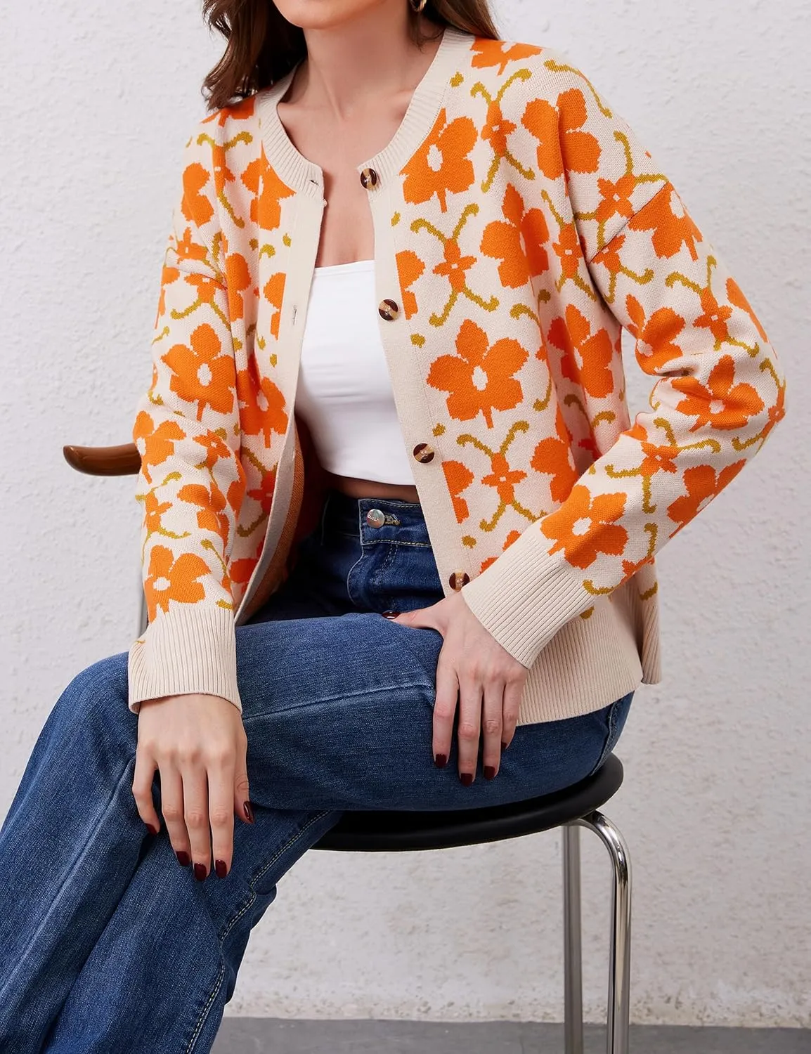 Floral Cardigan Sweaters for Women Lightweight Button Up Flower Printed Pattern Cardigans Fall Knit Sweater Tops