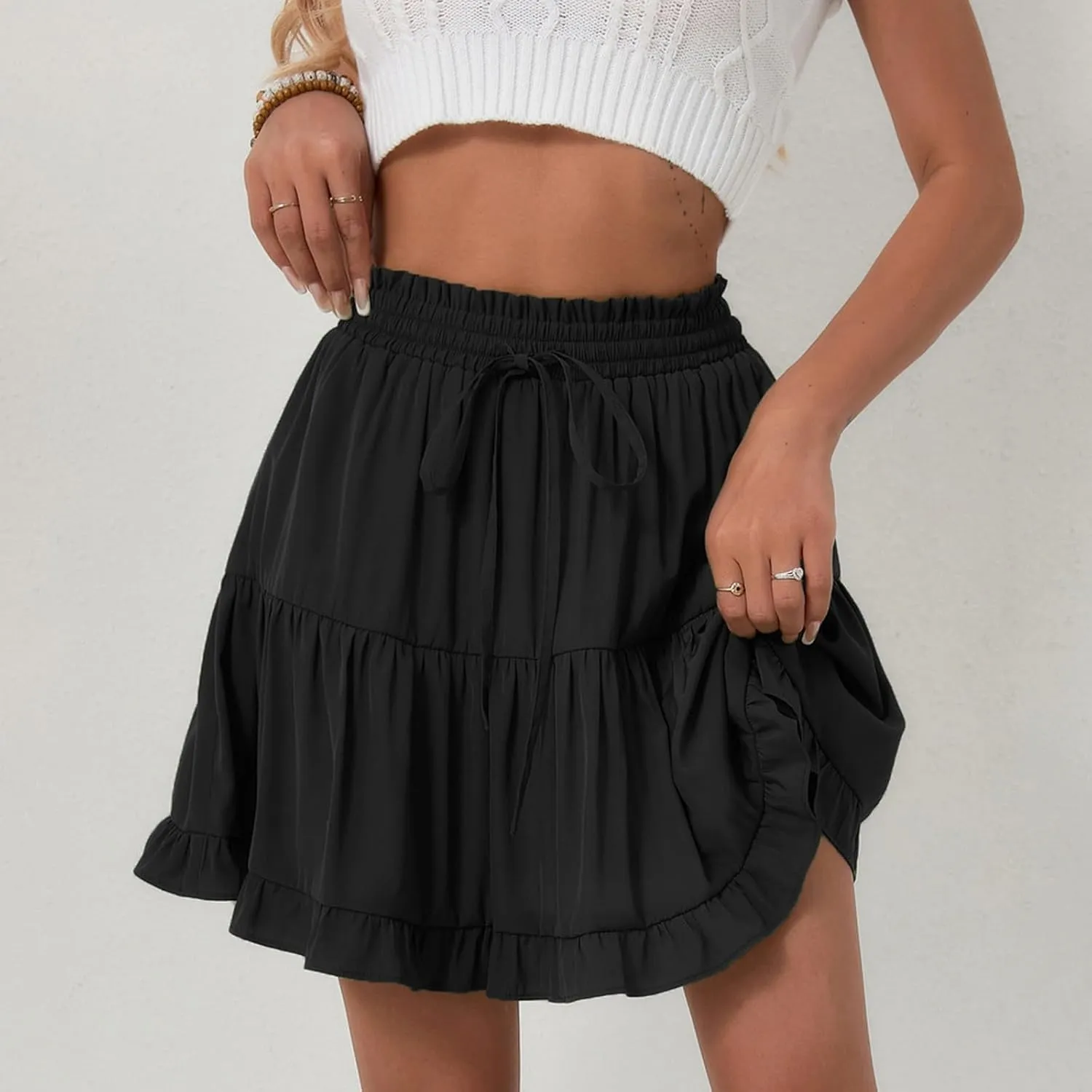 Flowy Shorts for Women Boho Ruffled Tiered Swing Beach Skorts Drawstring High Waisted Tennis Golf Y2K Short Skirt