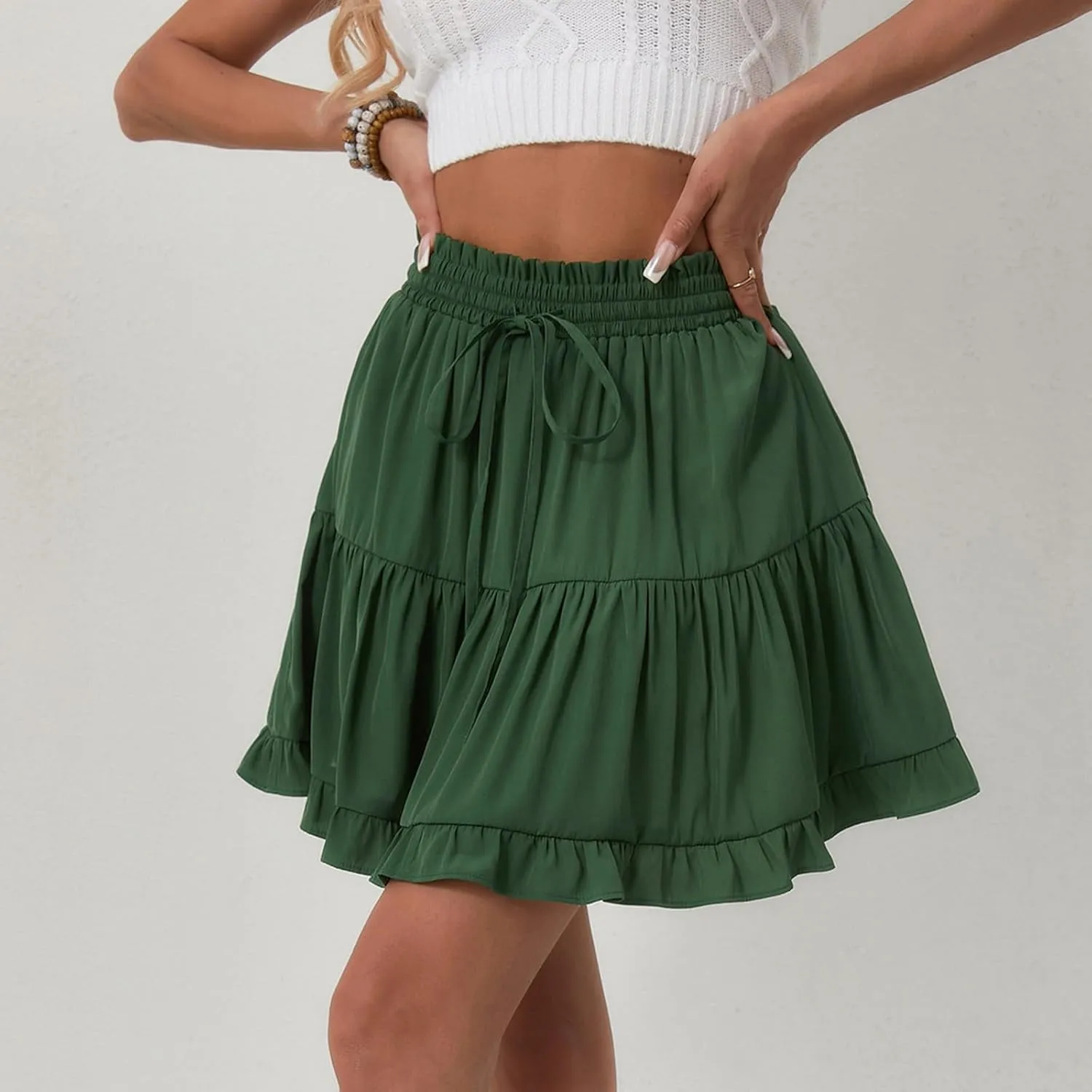 Flowy Shorts for Women Boho Ruffled Tiered Swing Beach Skorts Drawstring High Waisted Tennis Golf Y2K Short Skirt
