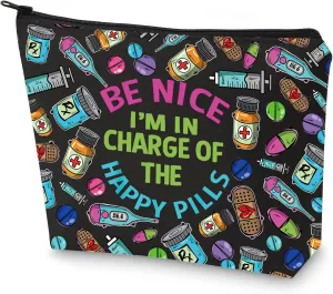 G2TUP RX Pharmacy Technician Funny Makeup Bag I am in Charge of the Happy Pills Gift for Pharmacy Graduation (Be Nice I am New)
