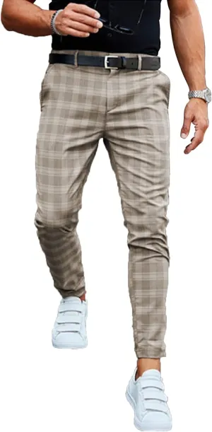 Generic Men's Slim Fit Stretch Plaid Dress Pants with Pockets Checks Pattern Chino Trousers Fashion Casual Elasticity Button Pant (Khaki,Large)