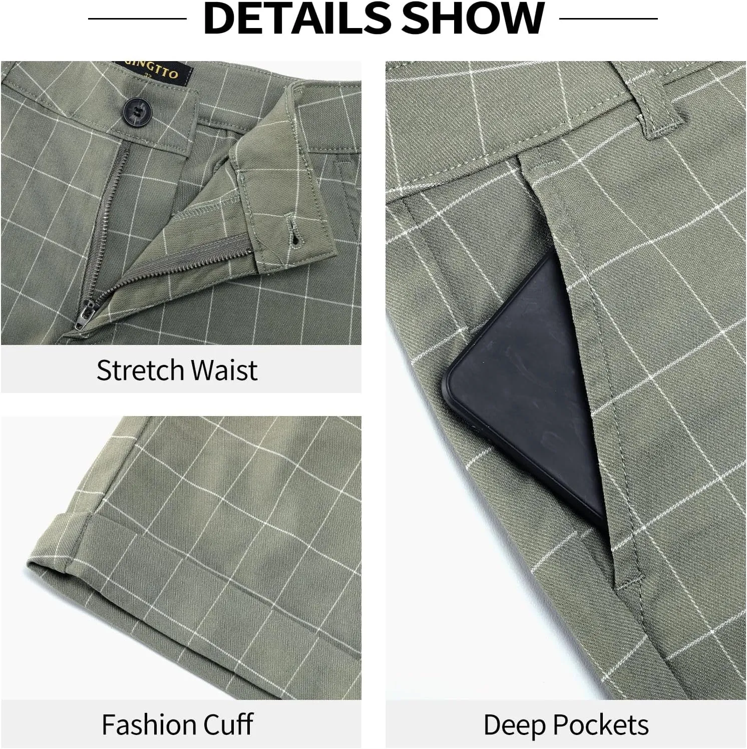 GINGTTO Mens Slim Fit Shorts Plaid Chino Short Tapered Leg Skinny Stretch