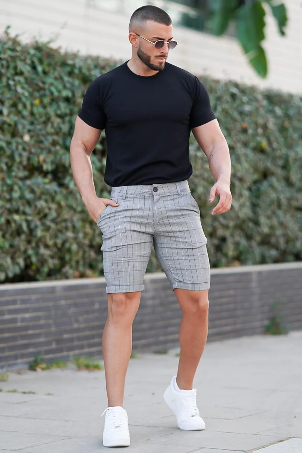 GINGTTO Mens Slim Fit Shorts Plaid Chino Short Tapered Leg Skinny Stretch