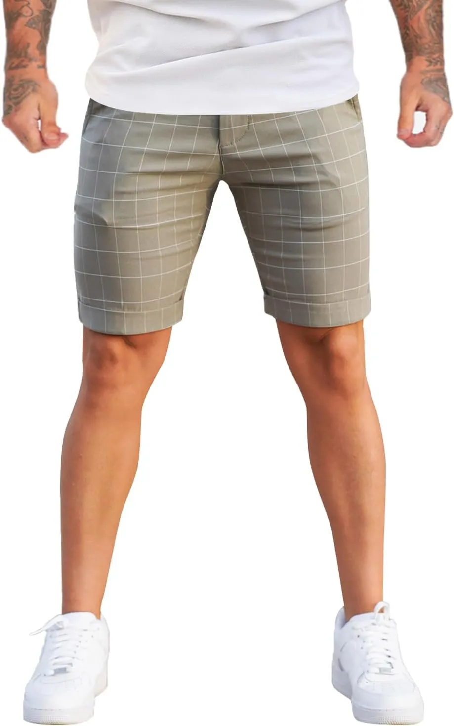 GINGTTO Mens Slim Fit Shorts Plaid Chino Short Tapered Leg Skinny Stretch