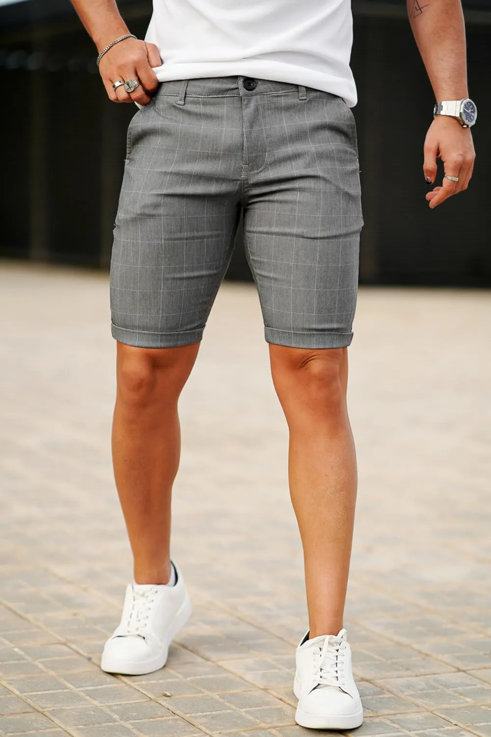 GINGTTO Mens Slim Fit Shorts Plaid Chino Short Tapered Leg Skinny Stretch