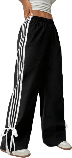 Girl's Baggy Pants Bow Parachute Pants Striped Wide Leg Sweatpants Track Joggers Hip Hop Dance