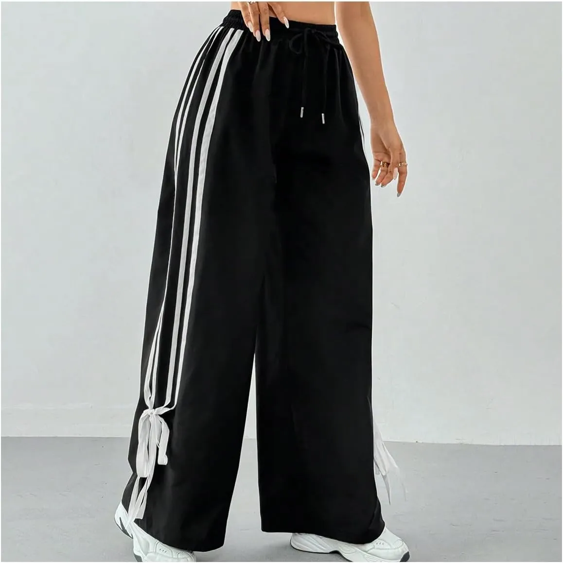 Girl's Baggy Pants Bow Parachute Pants Striped Wide Leg Sweatpants Track Joggers Hip Hop Dance