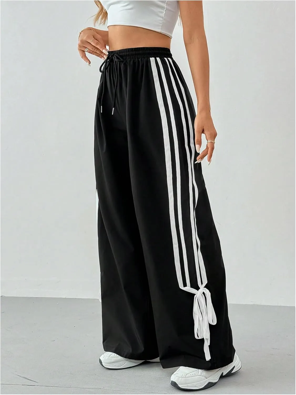 Girl's Baggy Pants Bow Parachute Pants Striped Wide Leg Sweatpants Track Joggers Hip Hop Dance
