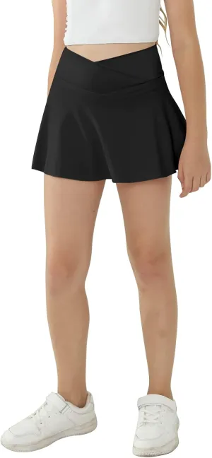 Girl's Sport Skirts with Pockets Shorts Cross High Waist Tennis Golf Skort Solid Color Athletic Workout Skirt