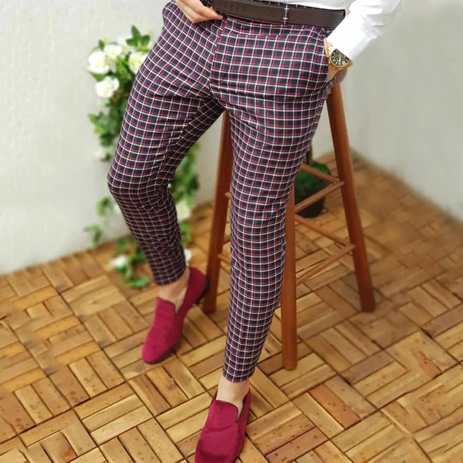 GOKKILRW Mens Chinos Slim Fit Stretch Plaid Flat-Front Skinny Dress Pants Business Work Pencil Lounge Pants