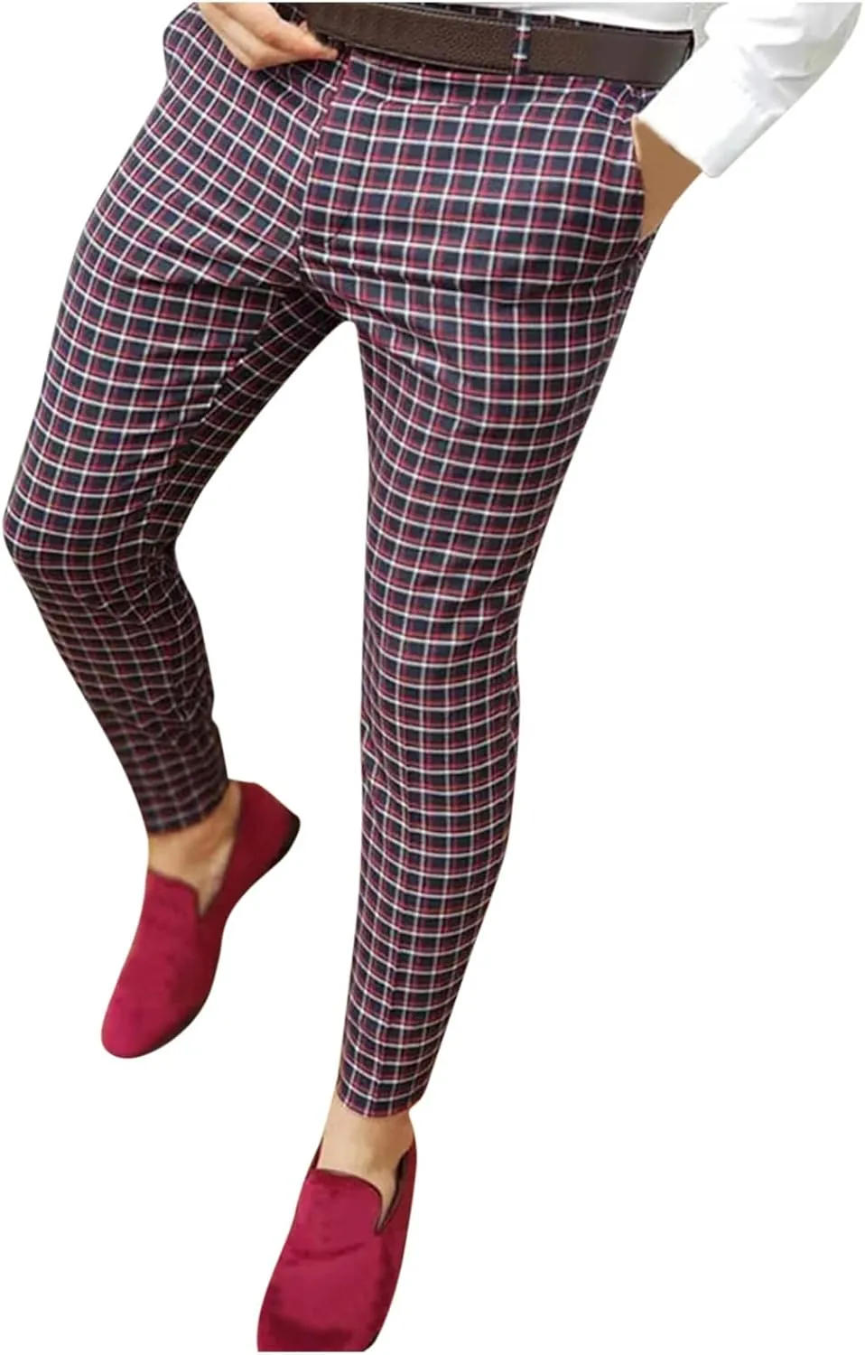 GOKKILRW Mens Chinos Slim Fit Stretch Plaid Flat-Front Skinny Dress Pants Business Work Pencil Lounge Pants