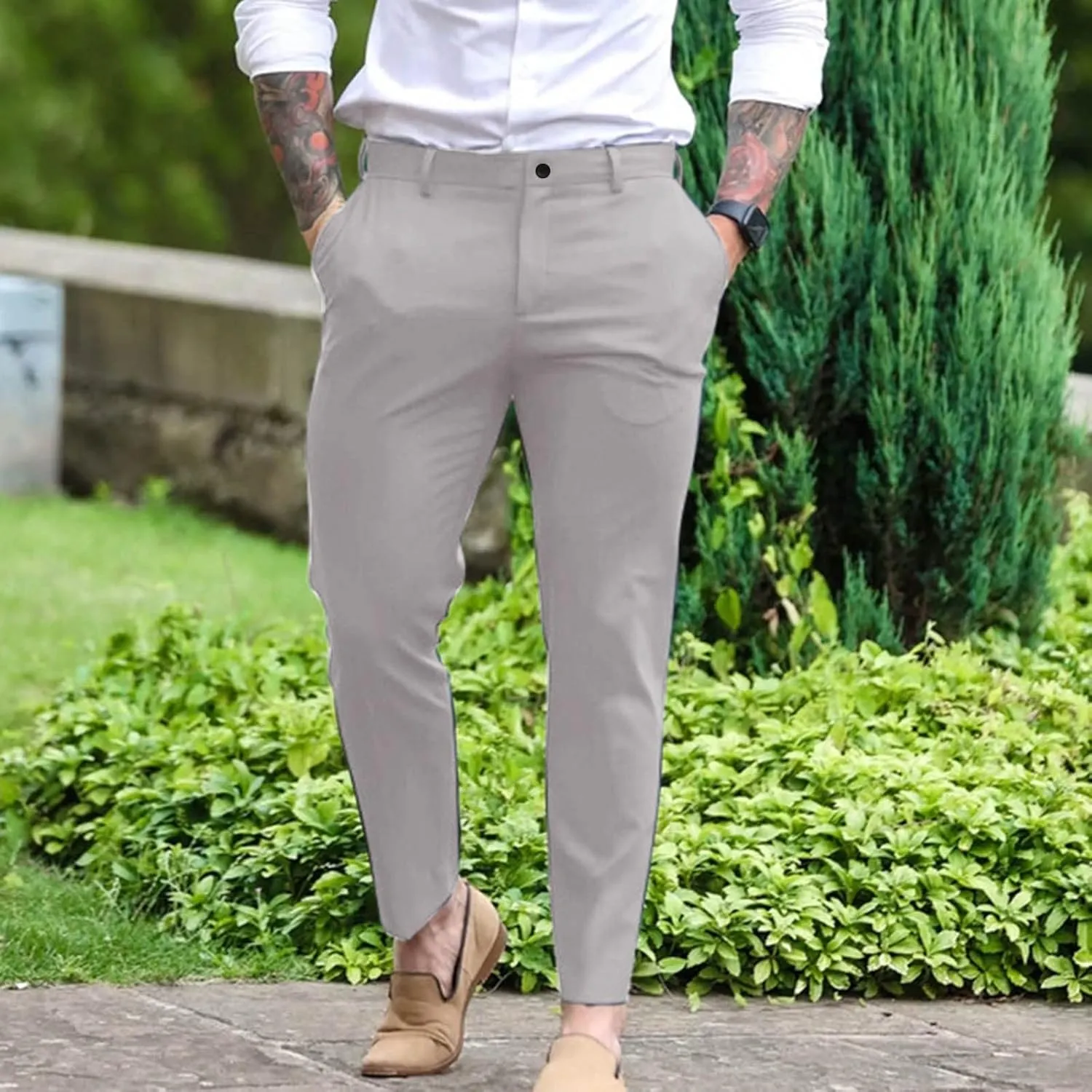 GOKKILRW Mens Slim Fit Dress Tapered Leg Pants Casual Business Office Work Pants Comfy Flat-Front Stretch Chino Golf Trousers