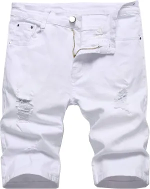 GUNLIRE Men's Summer Ripped Distressed Slim Fit Knee Length Washed Denim Jeans Shorts