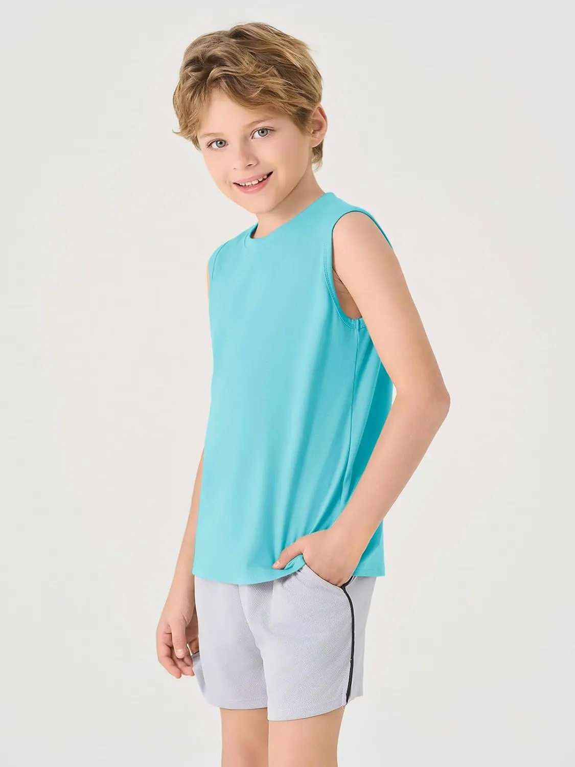 Haloumoning Boys Tank Tops Casual Sleeveless Crewneck Athletic Workout Tees Basic Solid Undershirts 5-14 Years