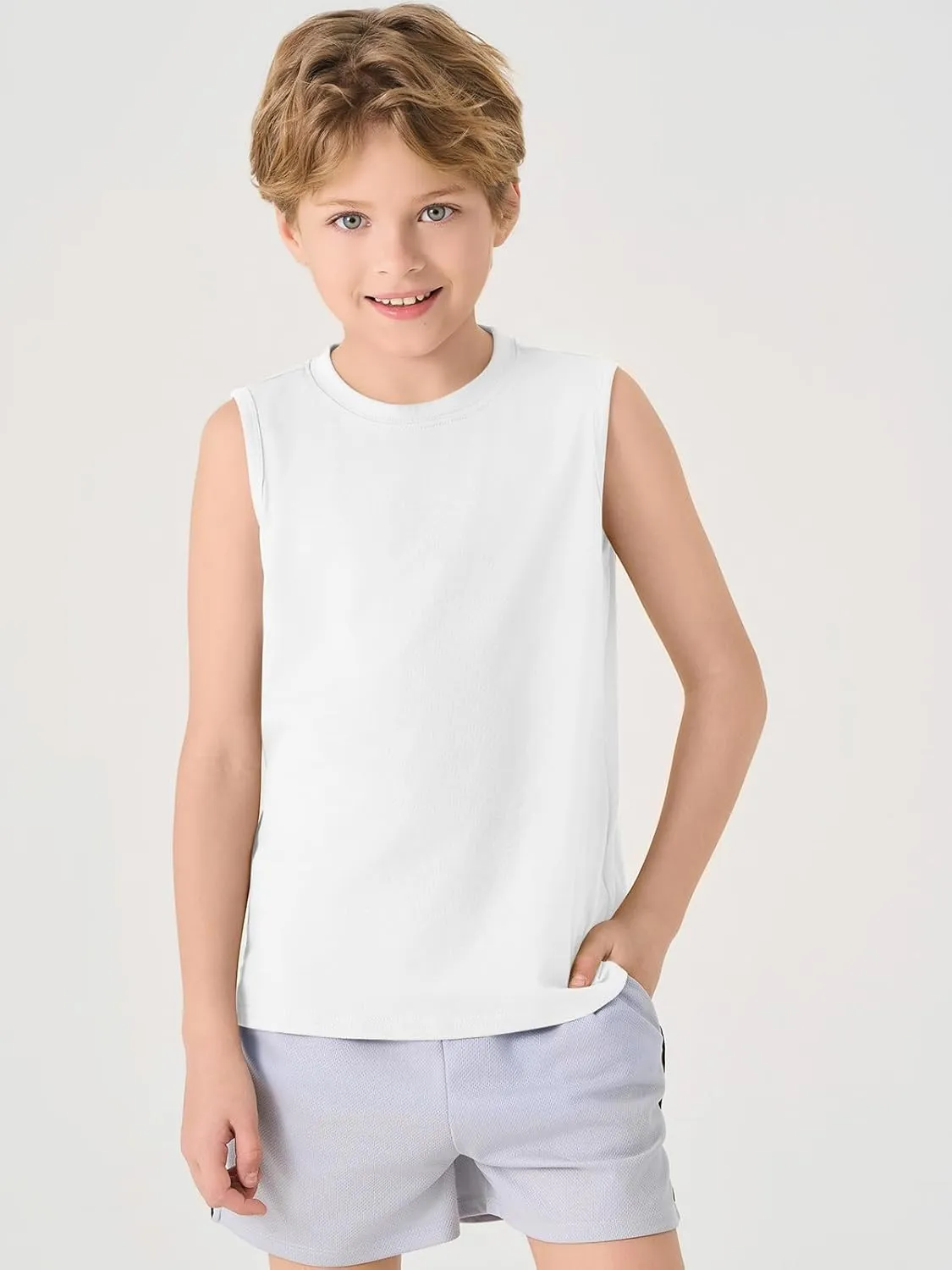 Haloumoning Boys Tank Tops Casual Sleeveless Crewneck Athletic Workout Tees Basic Solid Undershirts 5-14 Years
