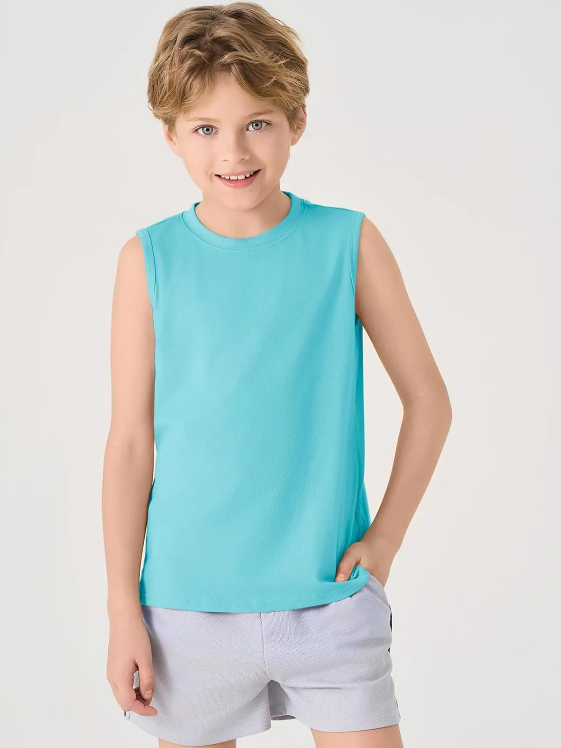 Haloumoning Boys Tank Tops Casual Sleeveless Crewneck Athletic Workout Tees Basic Solid Undershirts 5-14 Years