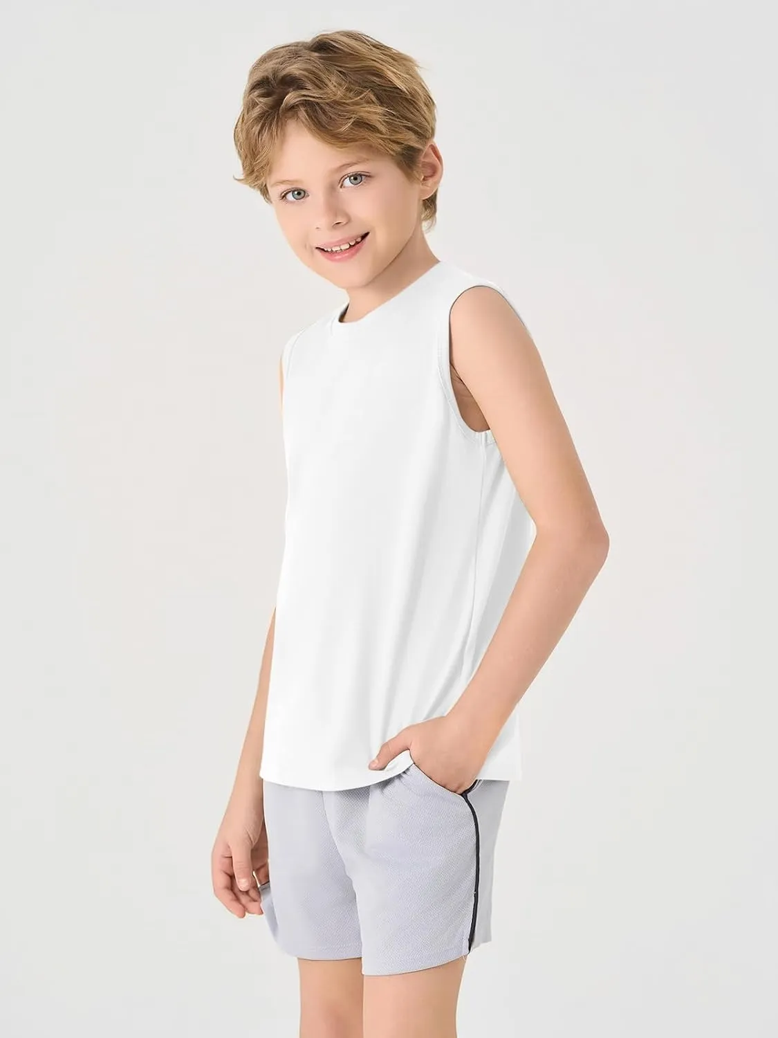 Haloumoning Boys Tank Tops Casual Sleeveless Crewneck Athletic Workout Tees Basic Solid Undershirts 5-14 Years