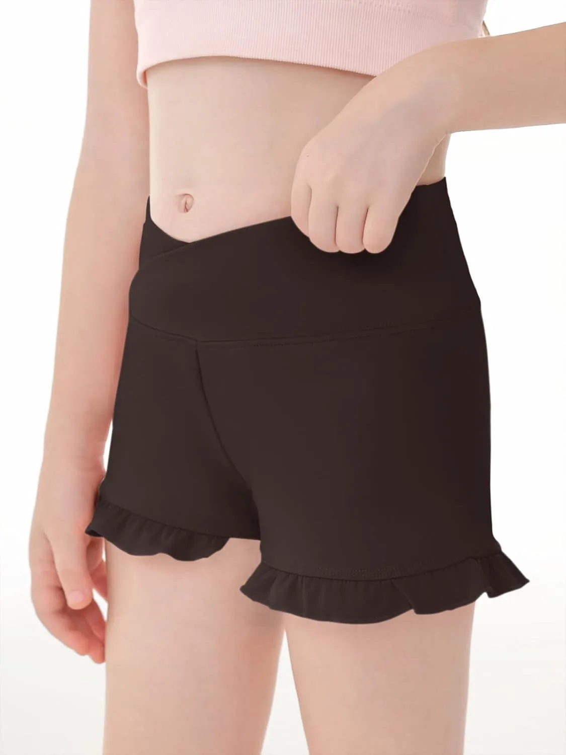 Haloumoning Girls Athletic Ruffle High Waisted Yoga Dance Gymnastics Shorts 5-14Y