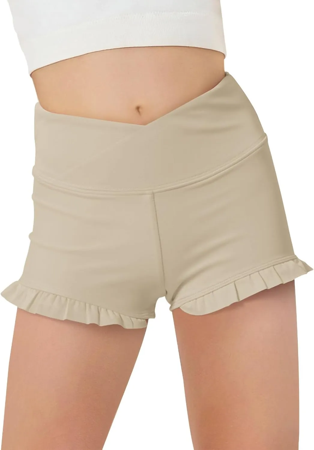 Haloumoning Girls Athletic Ruffle High Waisted Yoga Dance Gymnastics Shorts 5-14Y