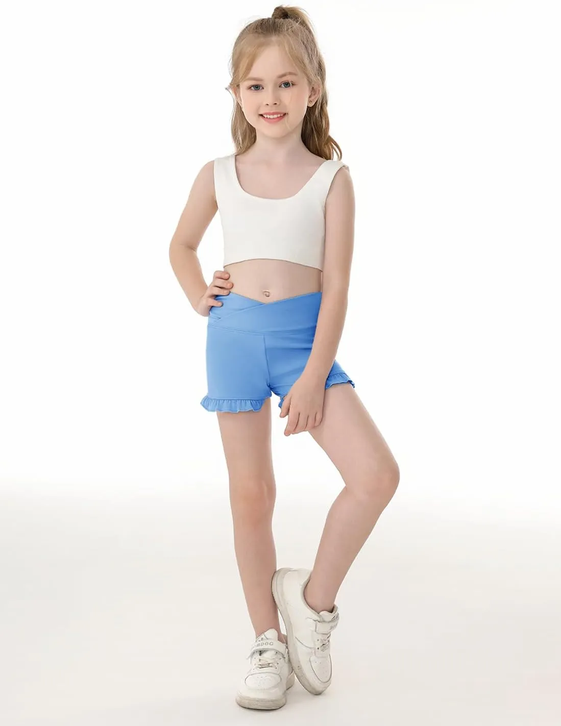 Haloumoning Girls Athletic Ruffle High Waisted Yoga Dance Gymnastics Shorts 5-14Y