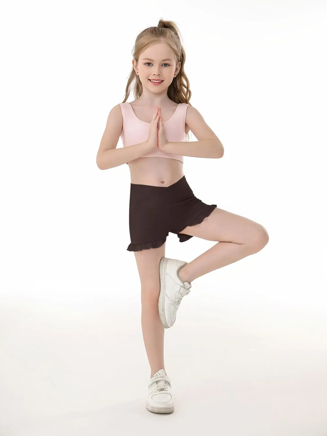 Haloumoning Girls Athletic Ruffle High Waisted Yoga Dance Gymnastics Shorts 5-14Y